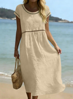 Elegant Round Neck Cotton Dress With Embroidered Lace Trim