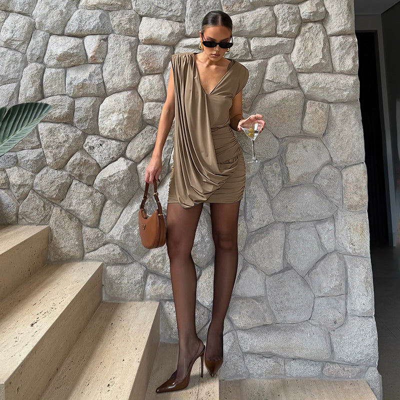 Designer Deep V-Neck Sleeveless Pleated Dress For Women - Woman`s Clothing