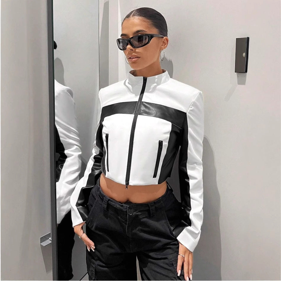 Black And White Contrast Colour Leather Jacket