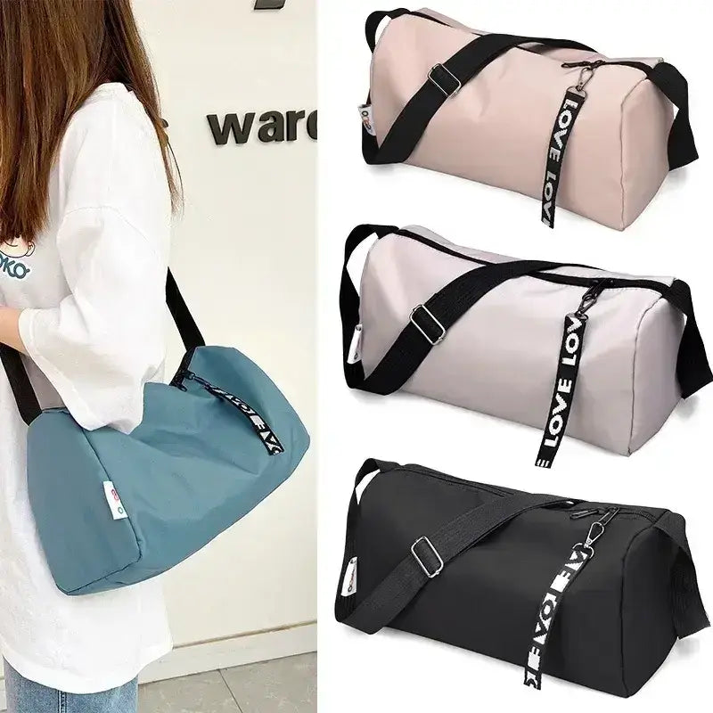 Women’s gym fitness training bag collection featuring spacious and stylish designs in blue, beige, and black.