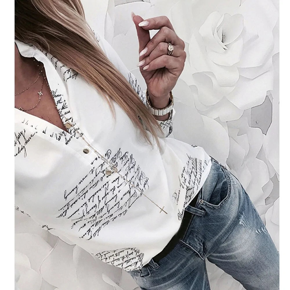 Printed V-neck Button Ladies Blouse