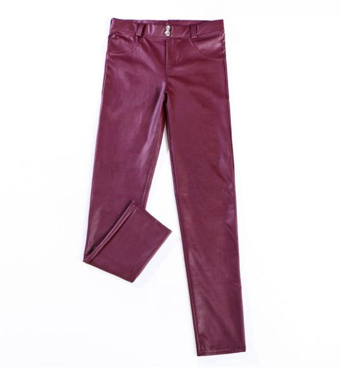 Low-rise peach elastic PU leather pants
