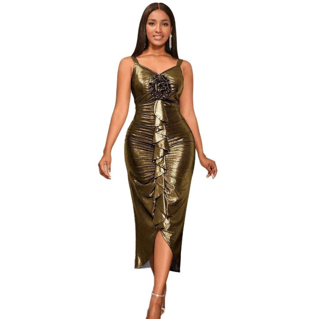 Female Solid Color Summer Sling Golden Party Dress - Woman`s Clothing