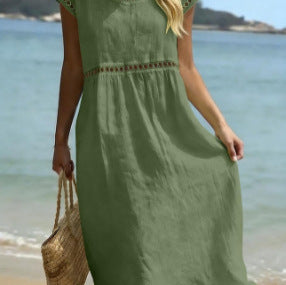 Elegant Round Neck Cotton Dress With Embroidered Lace Trim