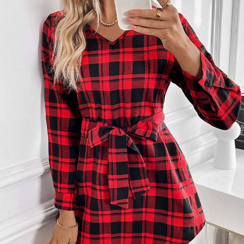 Fashionable Plaid Long Sleeve Belted Dress - Woman`s Clothing