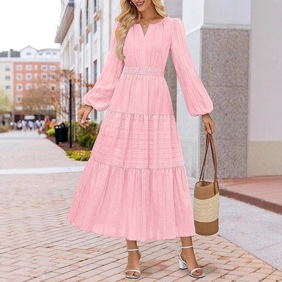 Layered Puffed-sleeve Dress Fashionable Ruffled Maxi Skirt - Woman`s Clothing