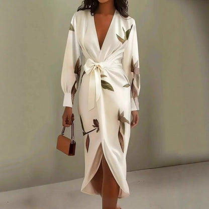 V-neck Long-sleeve Lace-up Printed Maxi Dress - Woman`s Clothing