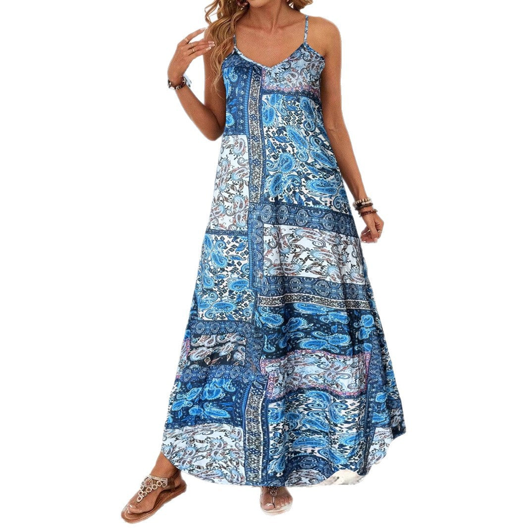 Resort-Style Printed Casual V-Neck Slip Dress With Straps - Woman`s Clothing