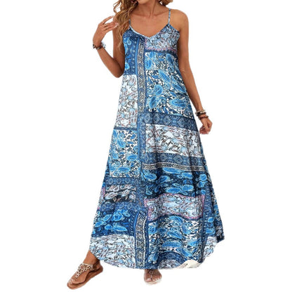 Resort-Style Printed Casual V-Neck Slip Dress With Straps - Woman`s Clothing