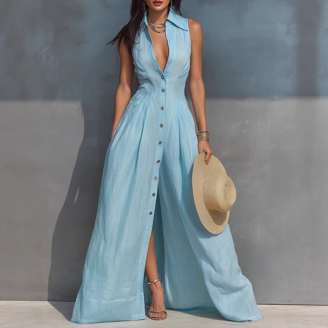 High Waisted Lapel Shirt Style Maxi Dress - Woman`s Clothing