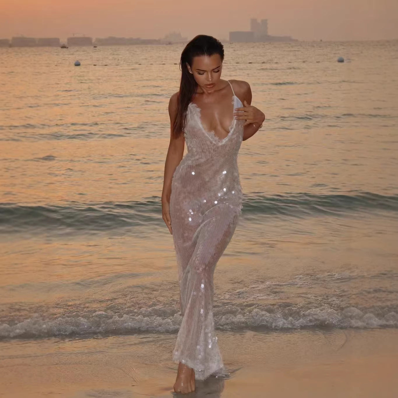 Neck Hanging Backless Spaghetti Strap Sequin Dress - Woman`s Clothing