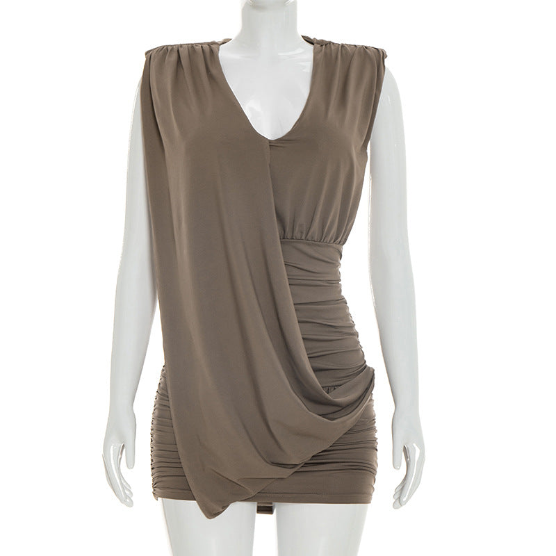 Designer Deep V-Neck Sleeveless Pleated Dress For Women - Woman`s Clothing