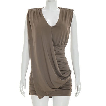 Designer Deep V-Neck Sleeveless Pleated Dress For Women - Woman`s Clothing