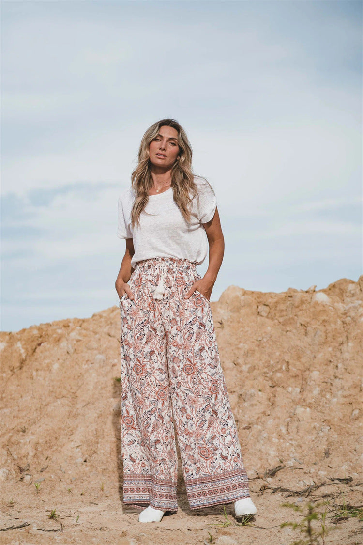 Printed Lanyard Wide Leg Pants Versatile Pants - Woman`s Clothing