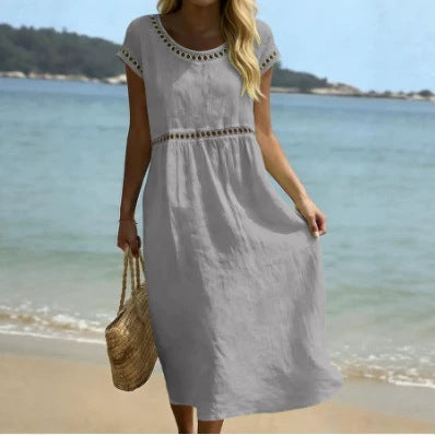 Elegant Round Neck Cotton Dress With Embroidered Lace Trim - Woman`s Clothing