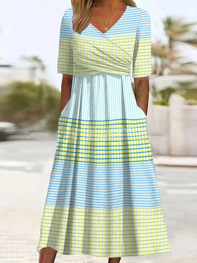 V-neck Short sleeve Belted Maxi Dress With Pockets - Woman`s Clothing