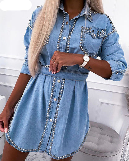 Woman`s Beaded Tie Denim Dress