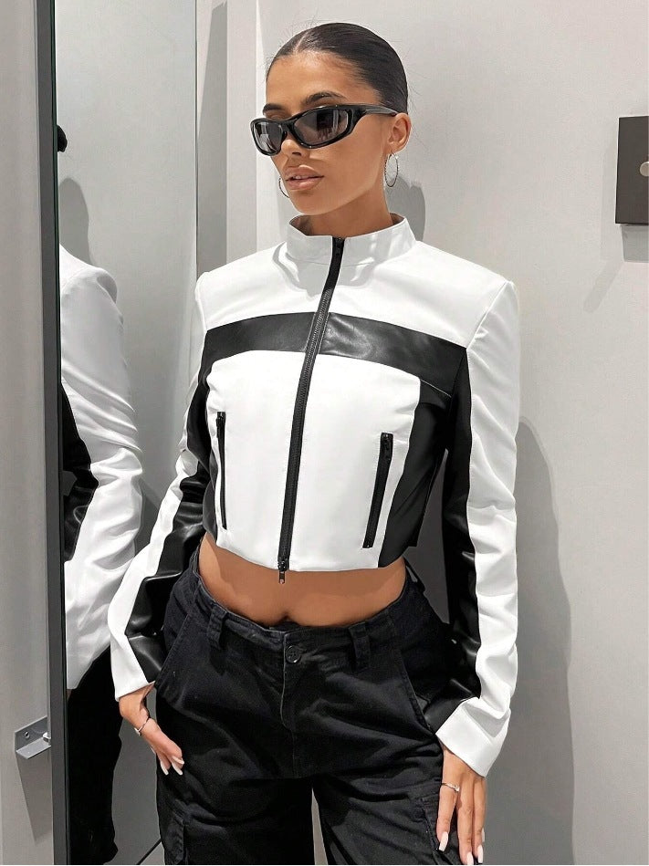 Black And White Contrast Colour Leather Jacket