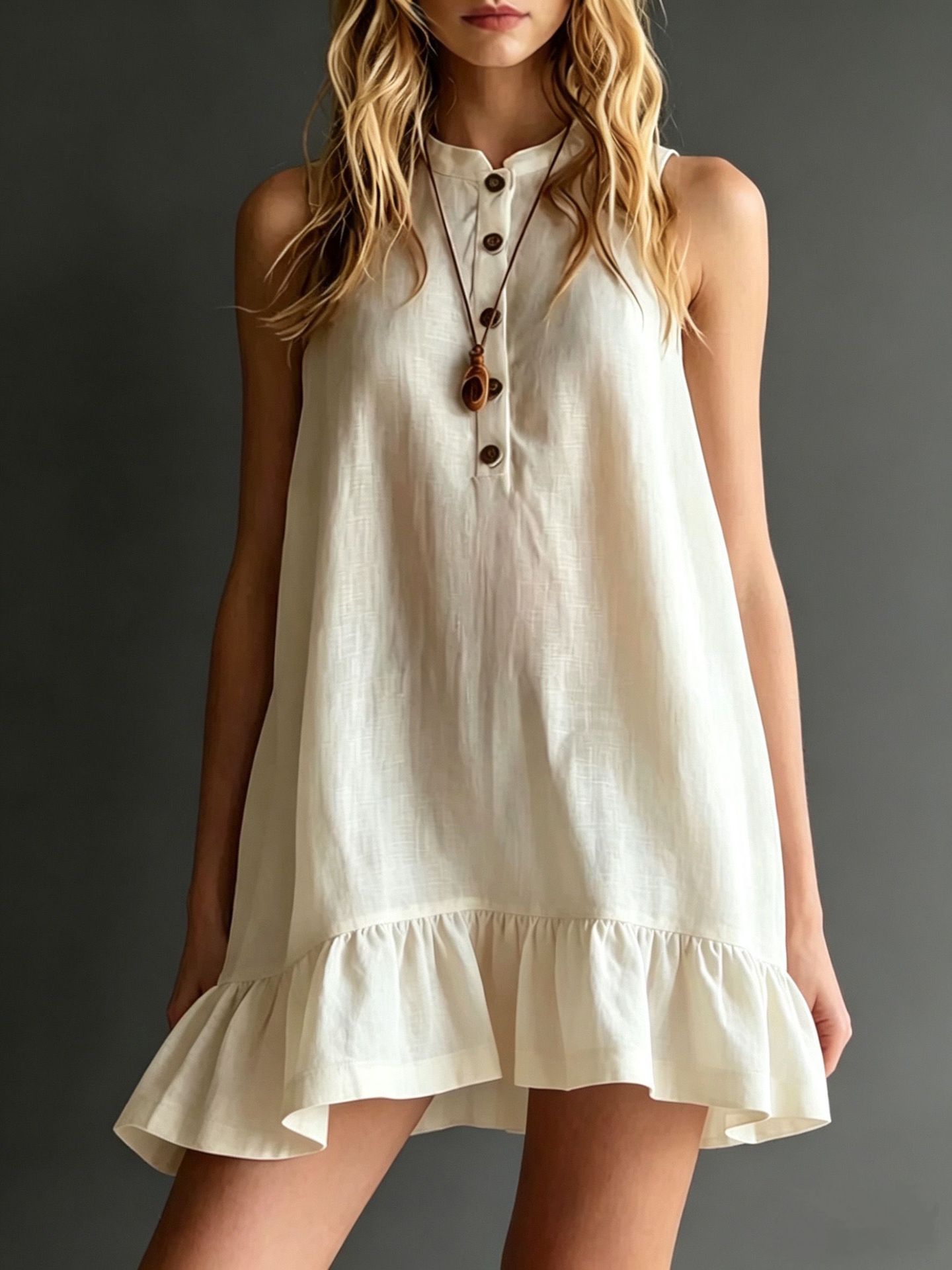Cotton Solid Colour Stand Collar Sleeveless Ruffle Trim Dress - Woman`s Clothing