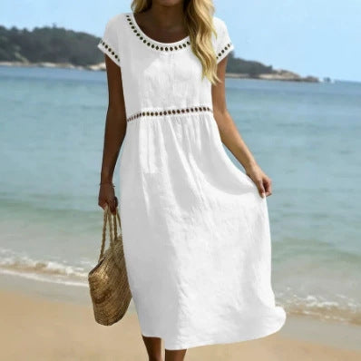 Elegant Round Neck Cotton Dress With Embroidered Lace Trim