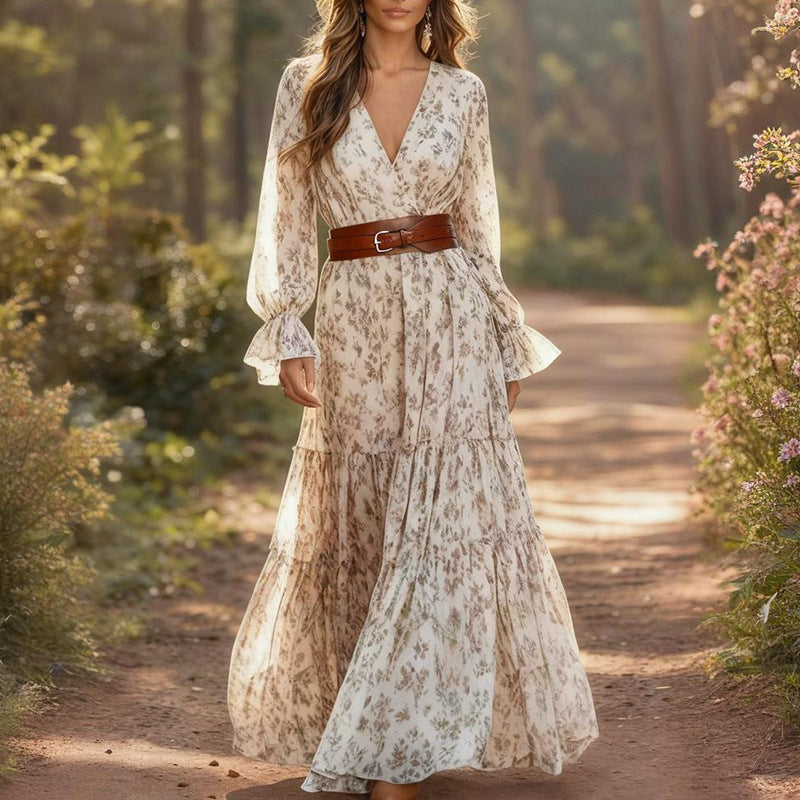 Women`s Printed Floral V-Neck Dress - Woman`s Clothing