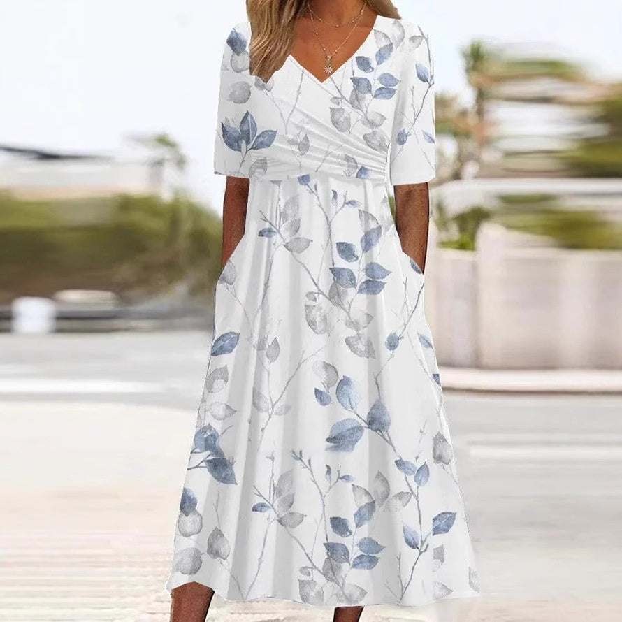 V-neck Short sleeve Belted Maxi Dress With Pockets - Woman`s Clothing
