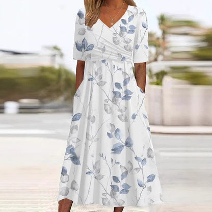 V-neck Short sleeve Belted Maxi Dress With Pockets - Woman`s Clothing
