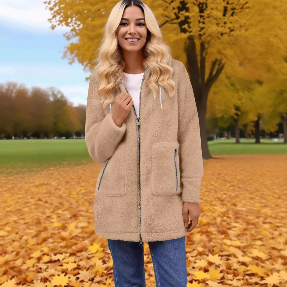 Fashionable Zipper Pocket Lamb Wool Coat