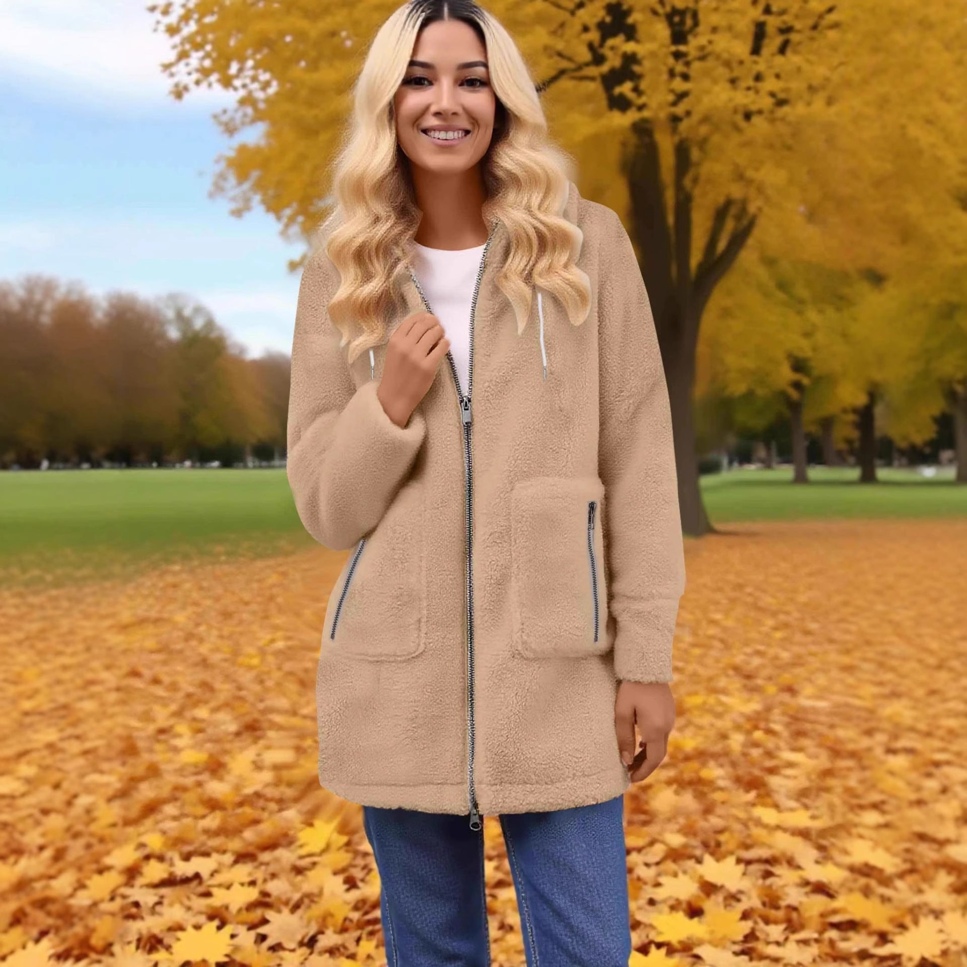 Fashionable Zipper Pocket Lamb Wool Coat