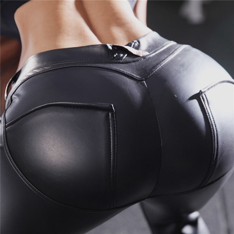 Low-rise peach elastic PU leather pants