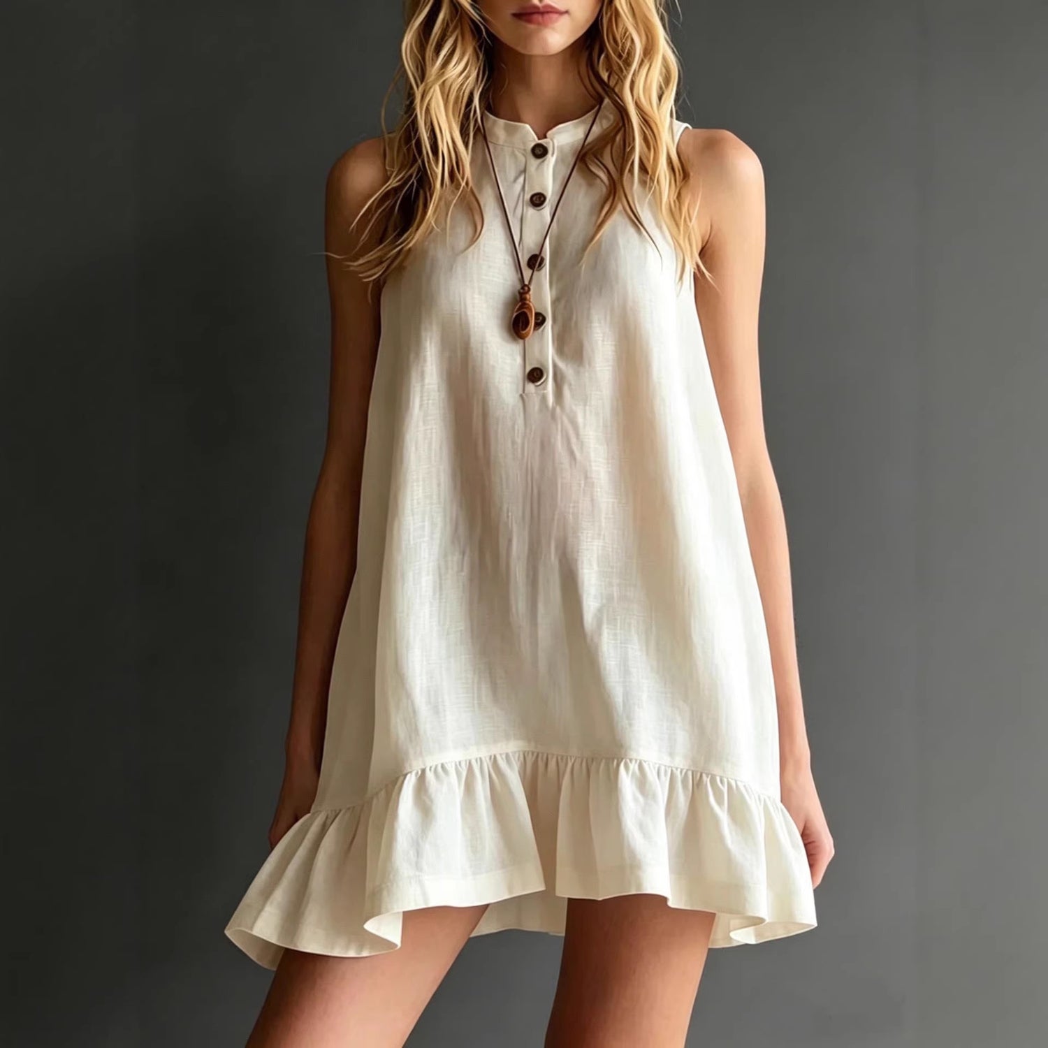 Cotton Solid Colour Stand Collar Sleeveless Ruffle Trim Dress - Woman`s Clothing