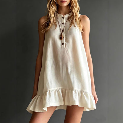 Cotton Solid Colour Stand Collar Sleeveless Ruffle Trim Dress - Woman`s Clothing