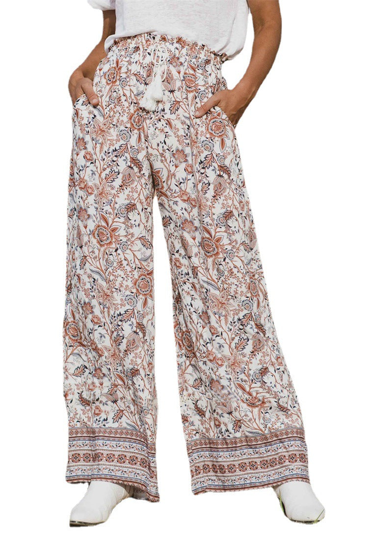 Printed Lanyard Wide Leg Pants Versatile Pants - Woman`s Clothing