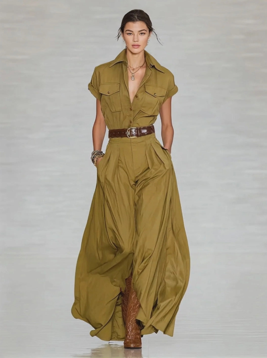 Short Sleeve Shirt Style Long Dress With Pockets - Woman`s Clothing