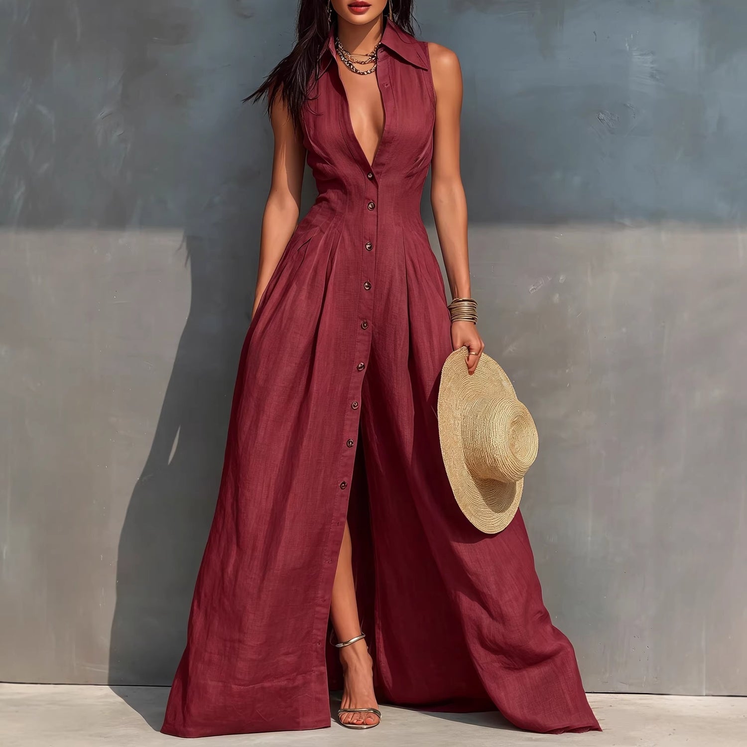 High Waisted Lapel Shirt Style Maxi Dress - Woman`s Clothing