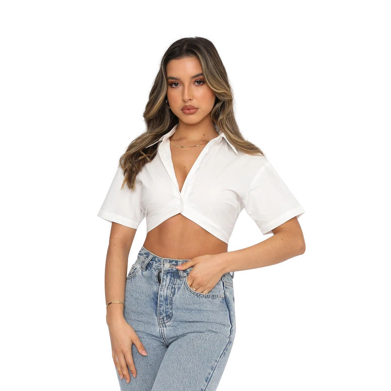 Short-sleeved Solid Colour Cute Single-breasted Lapel Shirt - Woman`s Clothing