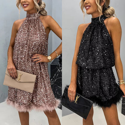 Party Sequin Halter Fashion Casual Lace Up Dress - Woman`s Clothing