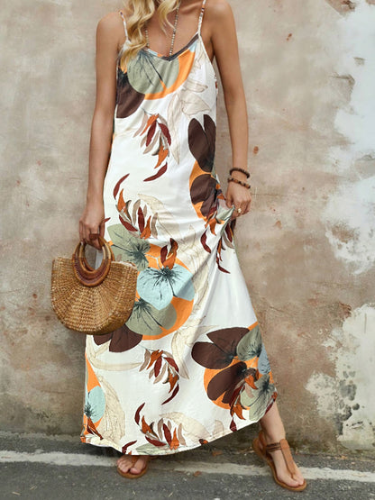 Resort-Style Printed Casual V-Neck Slip Dress With Straps - Woman`s Clothing