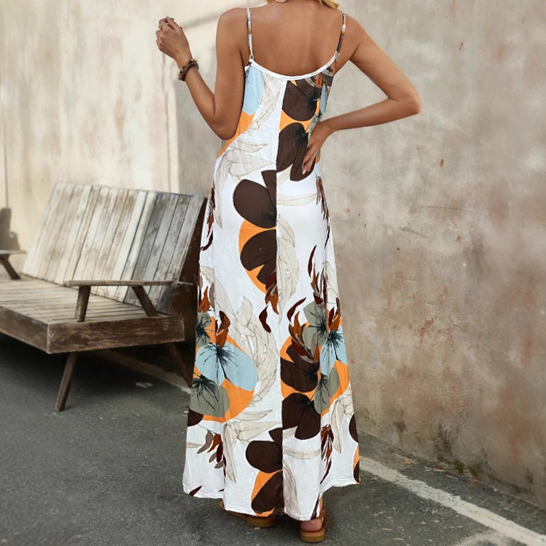 Resort-Style Printed Casual V-Neck Slip Dress With Straps - Woman`s Clothing