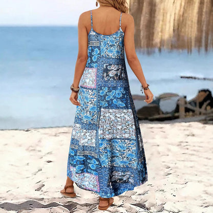 Resort-Style Printed Casual V-Neck Slip Dress With Straps - Woman`s Clothing