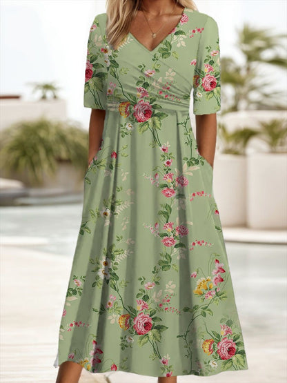 V-neck Short sleeve Belted Maxi Dress With Pockets - Woman`s Clothing
