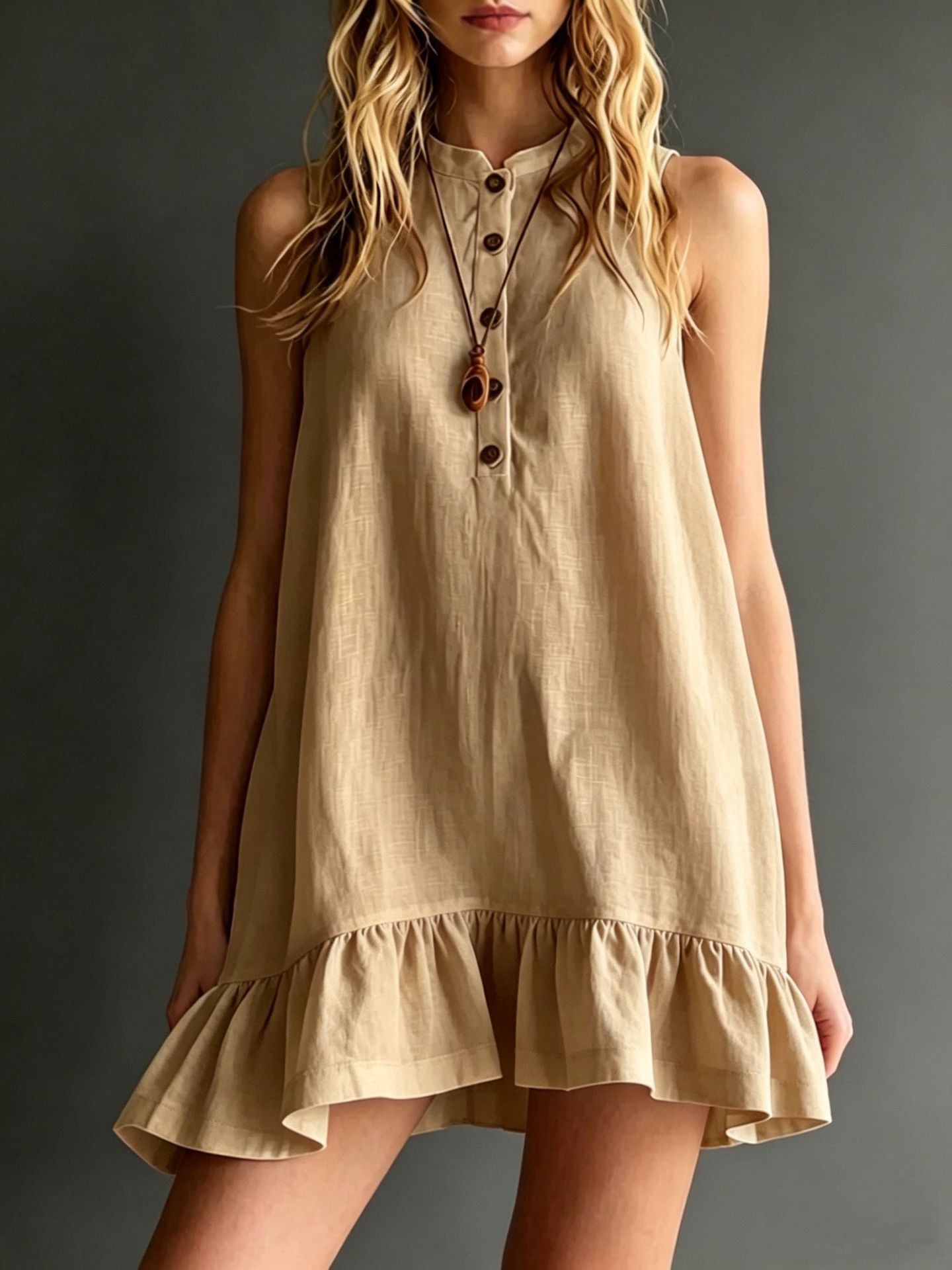 Cotton Solid Colour Stand Collar Sleeveless Ruffle Trim Dress - Woman`s Clothing