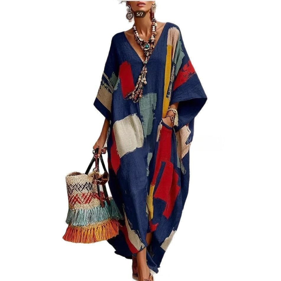 Abstract Print V-Neck Casual Loose Dress - Woman`s Clothing