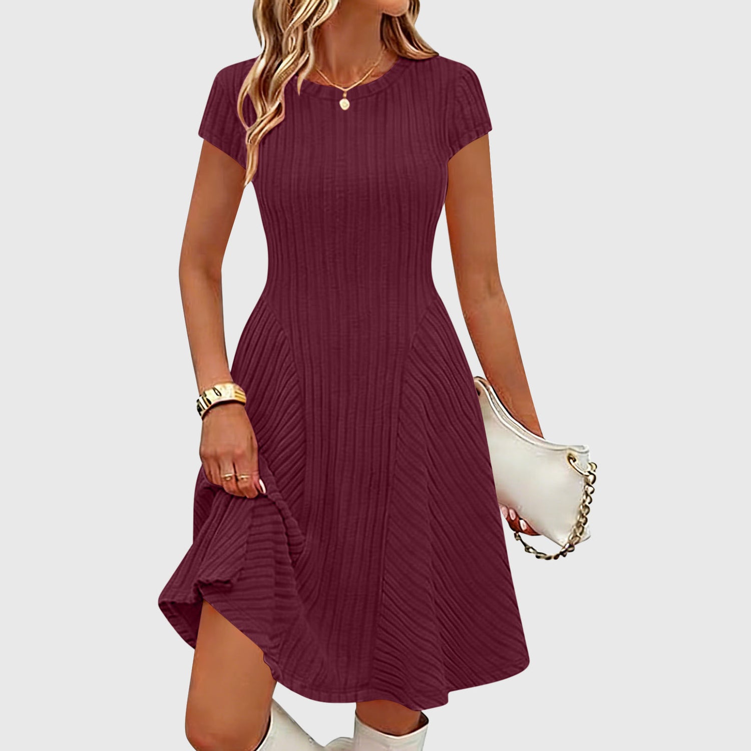 Irregularly Brushed Ribbed Solid Color Dress - Woman`s Clothing