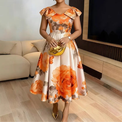 French Orange Blossom Print Dress With Ruffled Hem - Woman`s Clothing