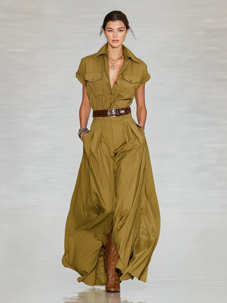 Short Sleeve Shirt Style Long Dress With Pockets - Woman`s Clothing