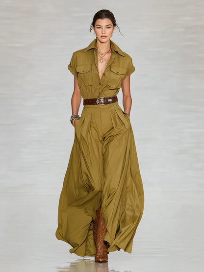 Short Sleeve Shirt Style Long Dress With Pockets - Woman`s Clothing
