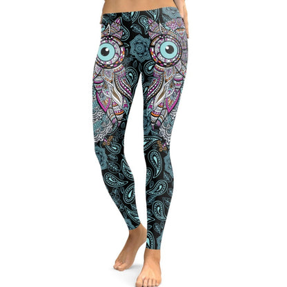 Women`s Cool Owl Digital Print Flower Fitness Workout Leggings