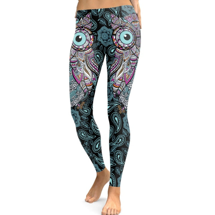 Women`s Cool Owl Digital Print Flower Fitness Workout Leggings