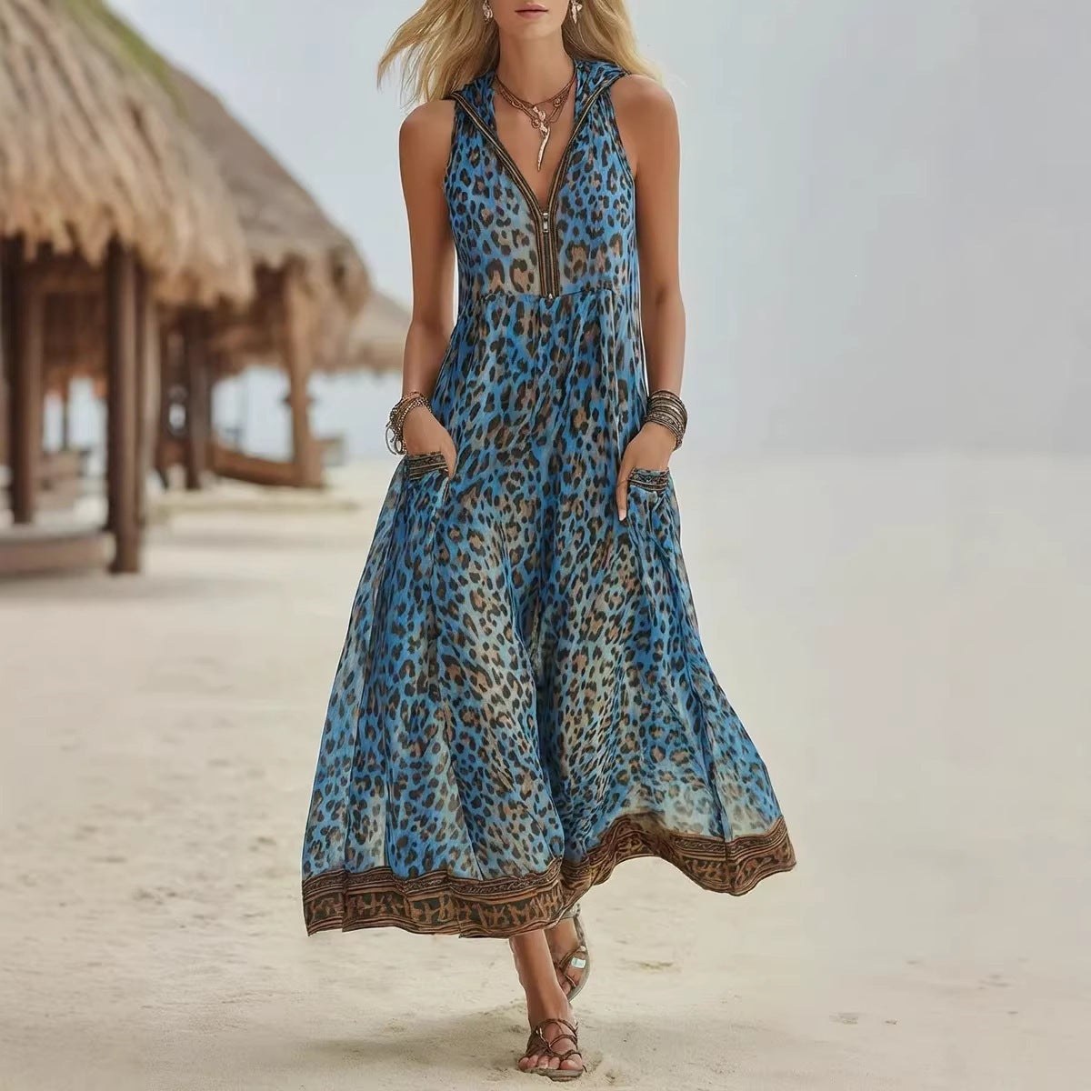 Sleeveless Leopard Print Midi Dress - Woman`s Clothing